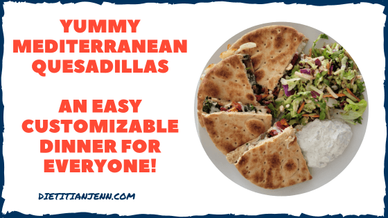 dietitian_jenn's tweet card. With veggies and a sprinkle of feta cheese stuffed inside a warm pita, these Mediterranean quesadillas are a delightful and customizable meal.