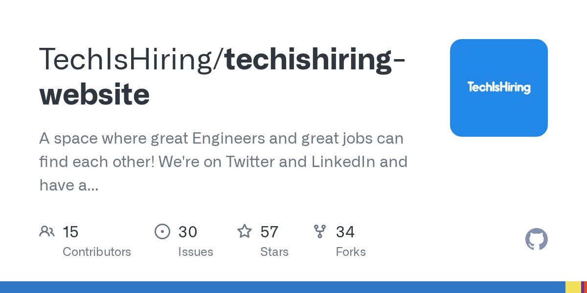 Chad_R_Stewart's tweet card. A space where great Engineers and great jobs can find each other! We're on Twitter and LinkedIn and have a newsletter on Substack! - TechIsHiring/techishiring-website
