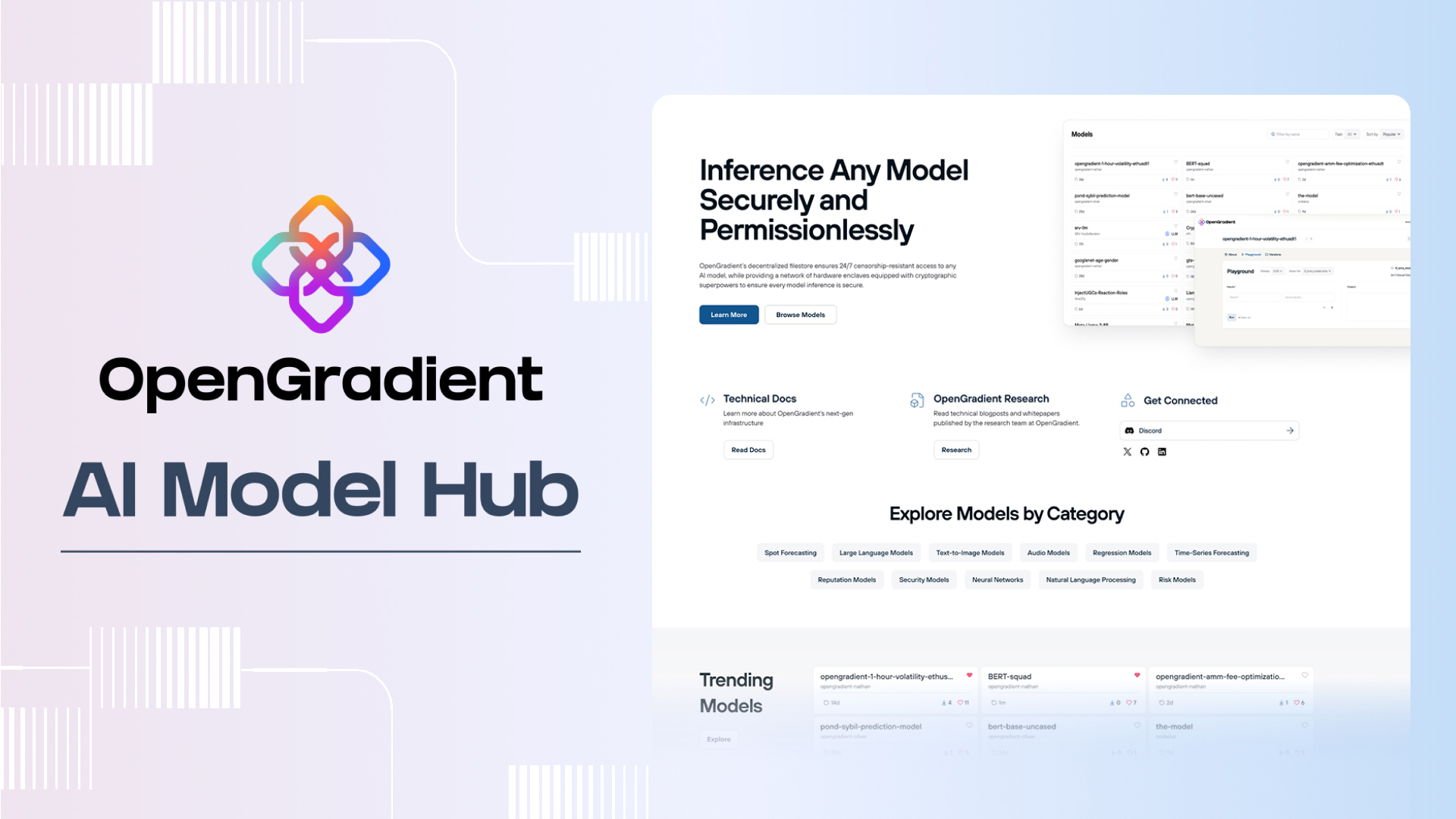 OpenGradient's tweet card. We are excited to launch the OpenGradient Model Hub, a groundbreaking decentralized platform for sharing, hosting, and managing open-source AI models.