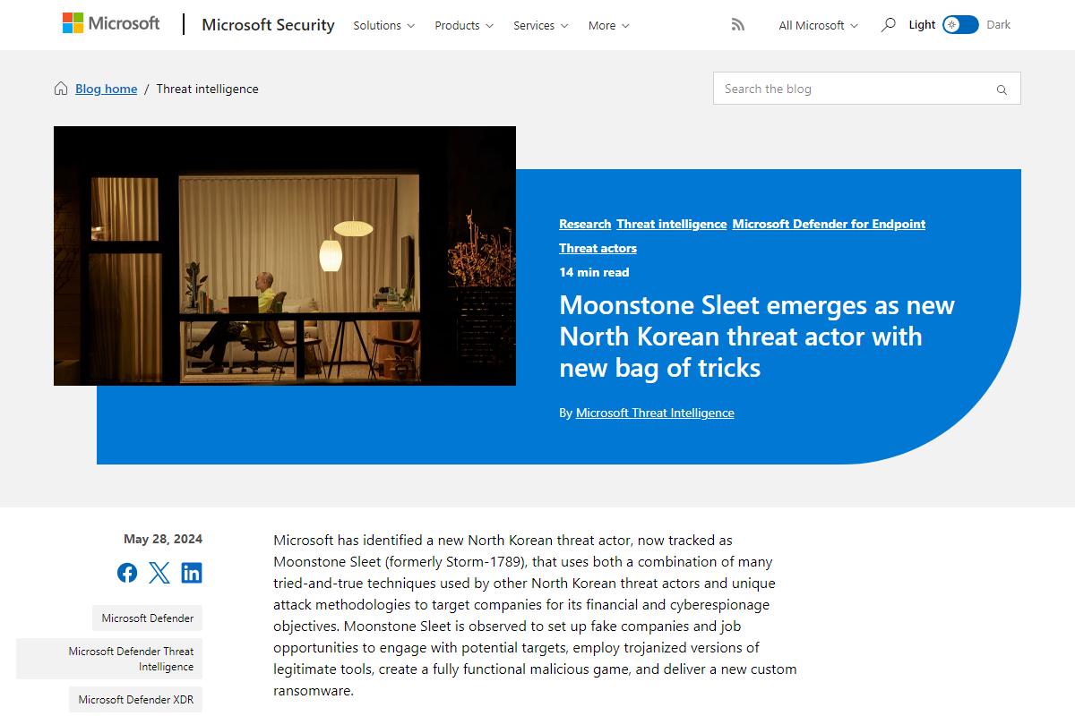itit_news's tweet card. Microsoftは5月28日(米国時間)、「Moonstone Sleet emerges as new North Korean threat actor with new bag of tricks｜Microsoft Security Blog」に