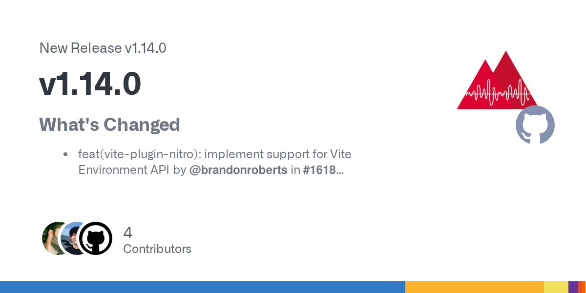 brandontroberts's tweet card. What's Changed feat(vite-plugin-nitro): implement support for Vite Environment API by @brandonroberts in #1618 docs: update version compatibility by @nikosanif in #1619 docs: add nikosanif as ...