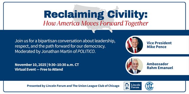 sharpwill's tweet card. A Rare and Timely Conversation on Civility and Democracy Monday, November 10, 2025 | 9:30–10:30 a.m. CT Presented by the Lincoln Forum and Union League Club of Chicago How do we restore civility and...