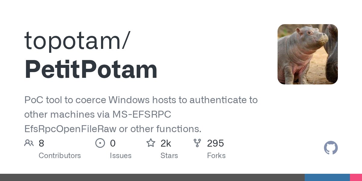 topotam77's tweet card. PoC tool to coerce Windows hosts to authenticate to other machines via MS-EFSRPC EfsRpcOpenFileRaw or other functions. - topotam/PetitPotam