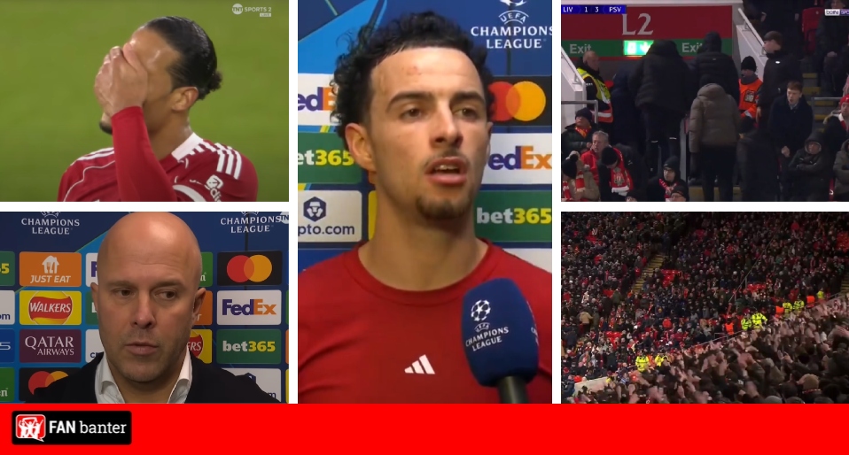 fan_banter's tweet card. “We’re in the sh*t” – Curtis Jones gives a brutally honest verdict after Liverpool lose 4-1 to PSV in the Champions League. A Virgil van Dijk handball awarded PSV an 6th minute penalty which Ivan...