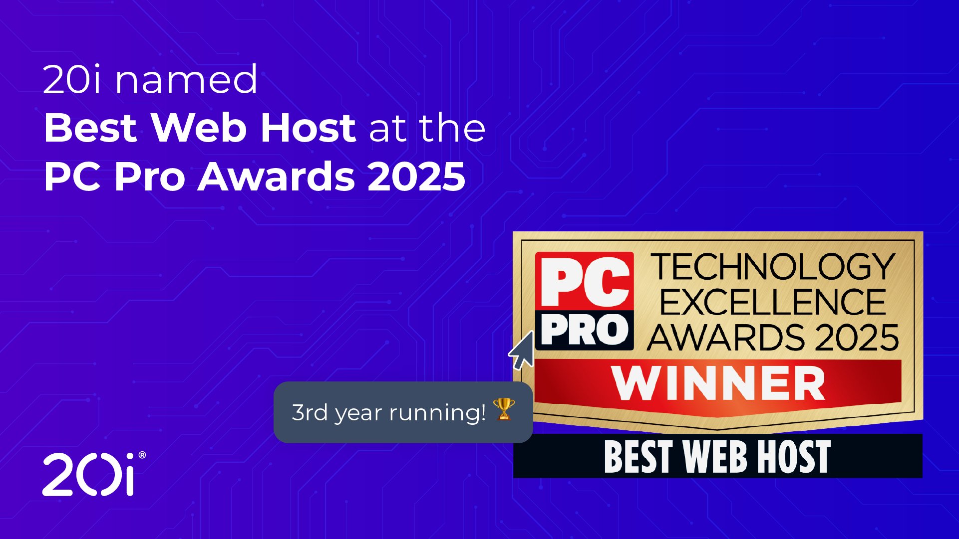 hostedby20i's tweet card. We're thrilled to announce that we have been named Best Web Host in the PC Pro Awards for the third year running.