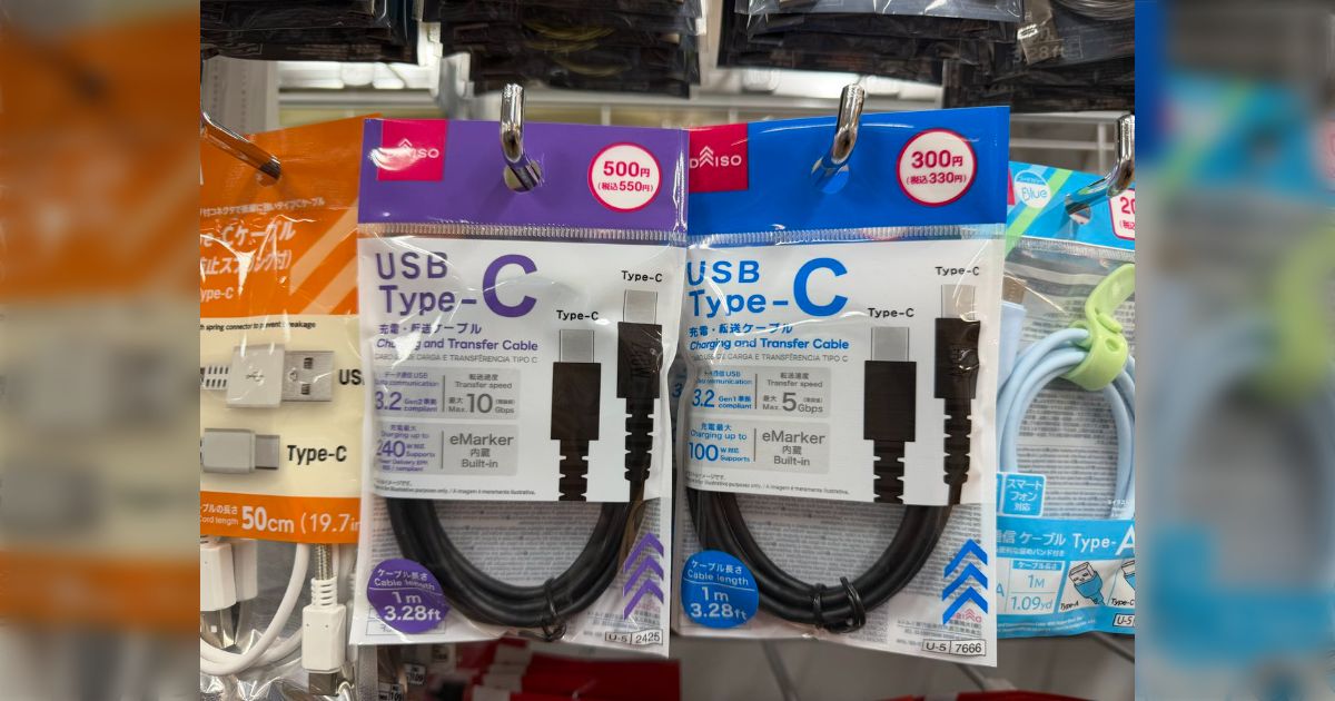 OCGOT1616's tweet card. ダイソーのUSB-CケーブルはUSB 3.2 Gen2で10Gbps対応が500円と破格。電気製品の利益率が低い中、日本企業として安全性を確保しつつ高コスパを実現している点が評価されている。