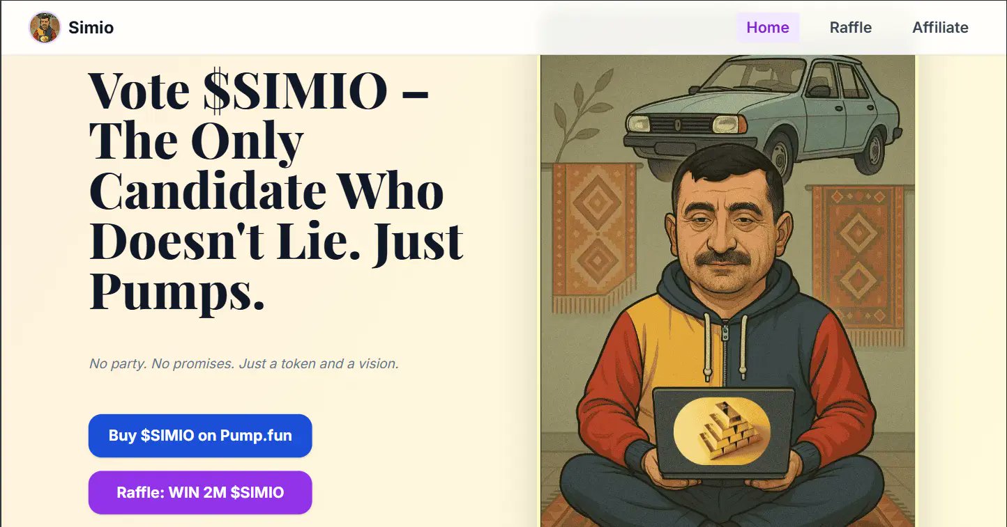 SIMIO_FUN's tweet card. $SIMIO is the only on-chain candidate you can trust. A meme coin born from Romanian satire, powered by volatility and tricolor serenity. Vote with your wallet.