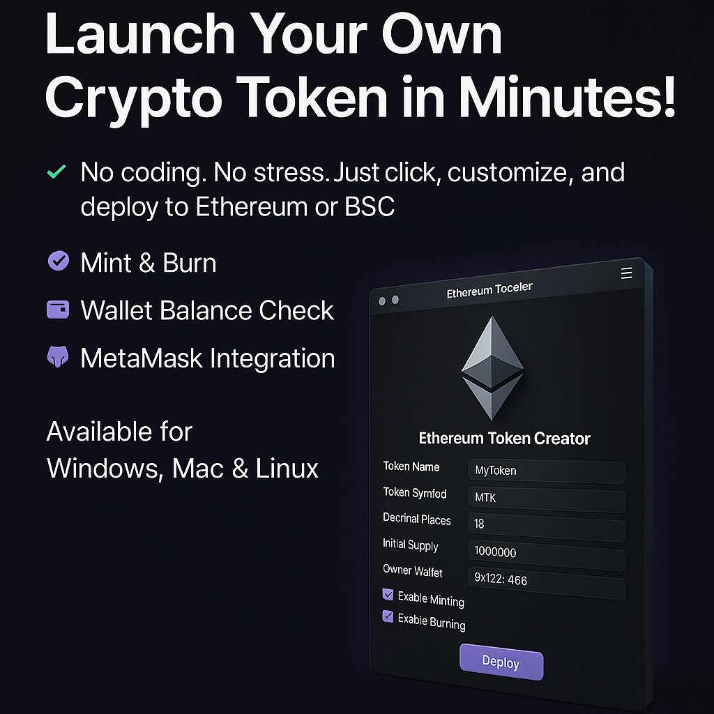 mdevtools's tweet card. The Ethereum Token Creator App is a powerful, beginner-friendly desktop application that allows users to create and deploy their own custom tokens on Ethereum and Binance Smart Chain (BSC) — without...