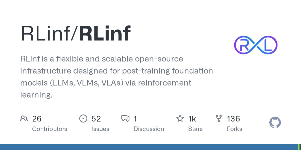 pythontrending's tweet card. RLinf is a flexible and scalable open-source infrastructure designed for post-training foundation models (LLMs, VLMs, VLAs) via reinforcement learning. - RLinf/RLinf