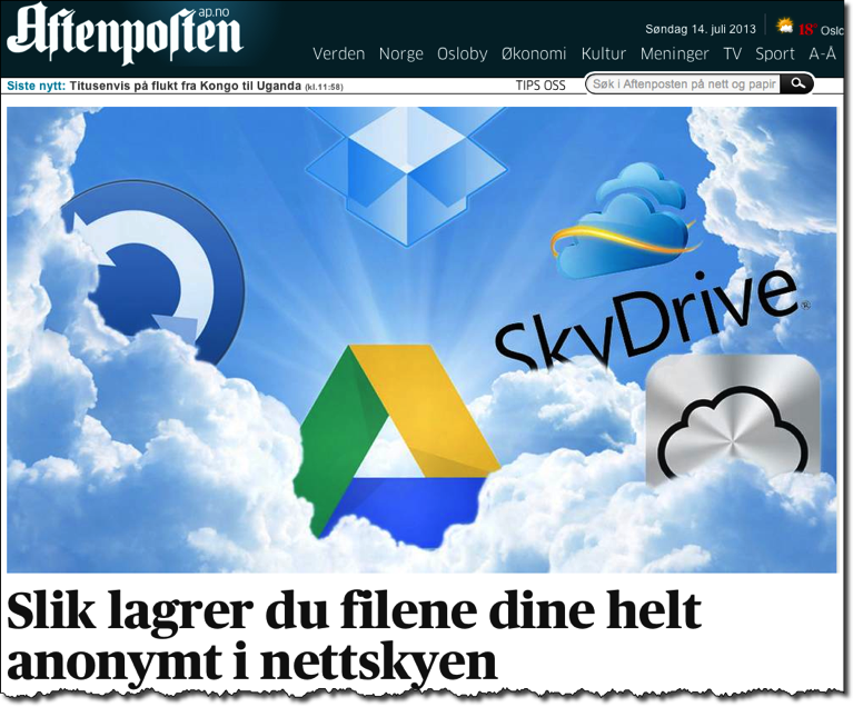SkyLibCom's tweet card. Det var med glede jeg oppdaget at Aftenposten hadde publisert en nettartikkel på fredag om hvordan man kan lagre sine datafiler helt anonymt i nettskyen. I ingressen stod det kort og godt: “V…