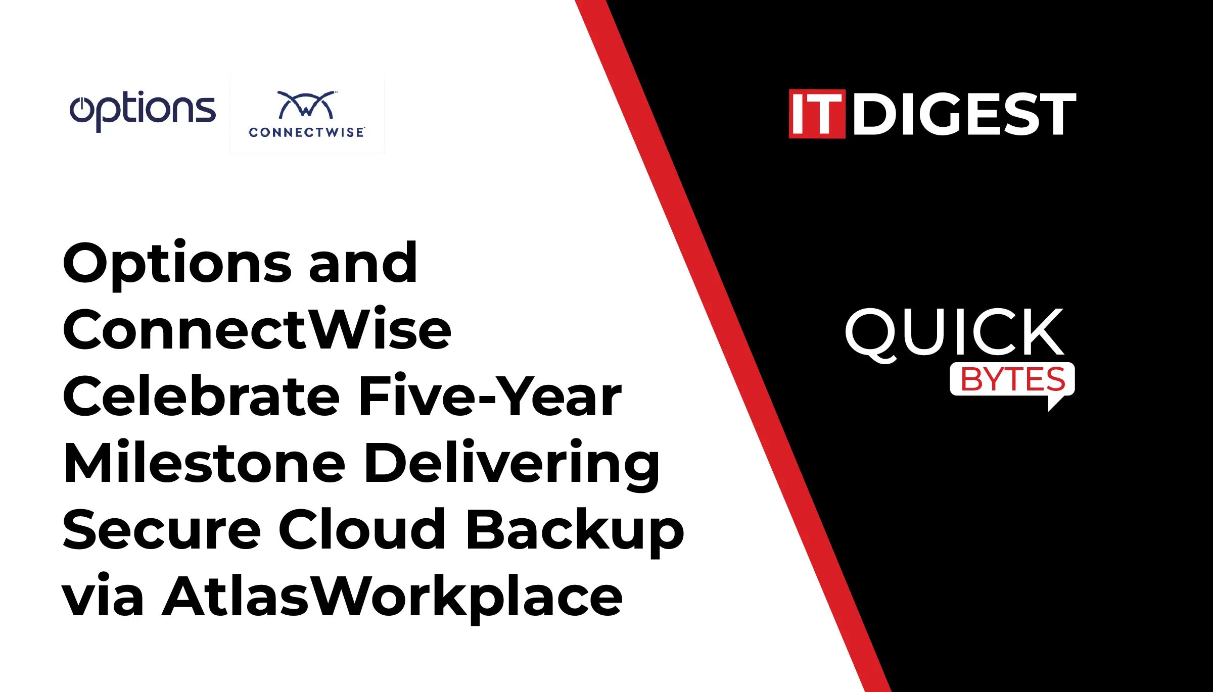 ITDigestmag's tweet card. Options marks five years with ConnectWise Cloud Backup, strengthening AtlasWorkplace with advanced data protection for Microsoft 365 workloads.