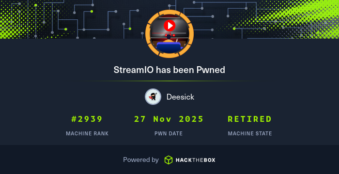 deesick_'s tweet card. I have just owned machine StreamIO from Hack The Box
