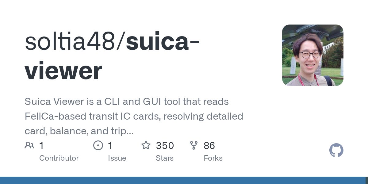 soltia48's tweet card. Suica Viewer is a CLI and GUI tool that reads FeliCa-based transit IC cards, resolving detailed card, balance, and trip history data via a remote authentication server. - soltia48/suica-viewer