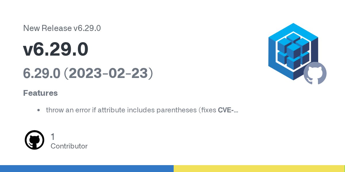 SequelizeJS's tweet card. 6.29.0 (2023-02-23) Features throw an error if attribute includes parentheses (fixes CVE-2023-22578) (#15710) (d3f5b5a)
