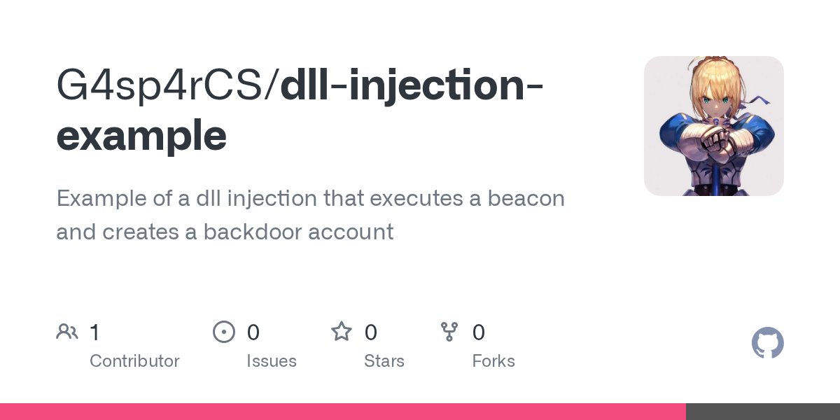 G0DL_AR's tweet card. Example of a dll injection that executes a beacon and creates a backdoor account - G4sp4rCS/dll-injection-example