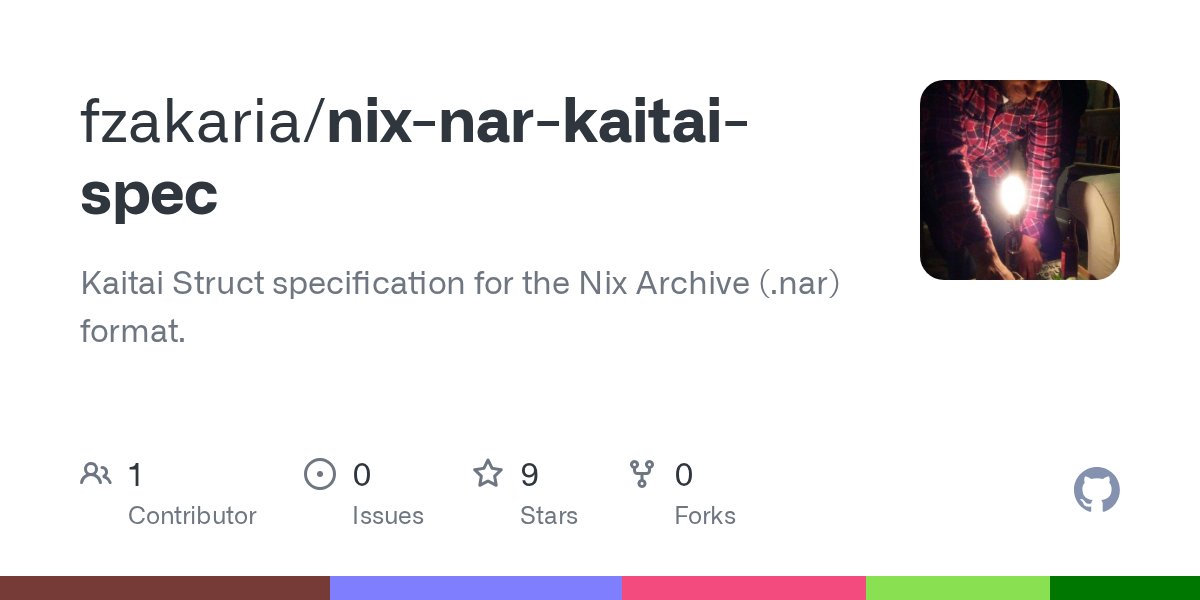 fmzakari's tweet card. Kaitai Struct specification for the Nix Archive (.nar) format. - fzakaria/nix-nar-kaitai-spec