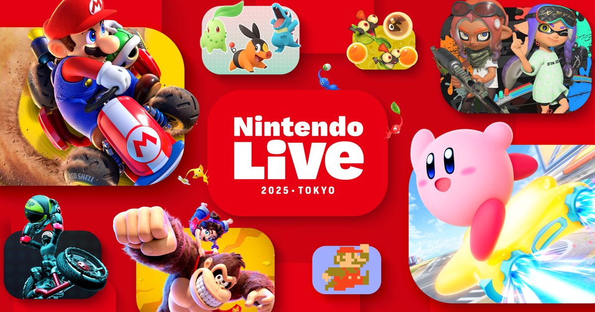 Nintendo's tweet card. 「Nintendo Live 2025 TOKYO」は、2025年10月4日（土）・5日（日）に東京ビッグサイトで実施。Nintendo Switch 2のゲーム体験のほか、世界各地から招待するプレイヤー同士が競うステージイベント「マリオカート ワールド: Invitational 2025」やゲーム大会などが楽しめるイベントです。