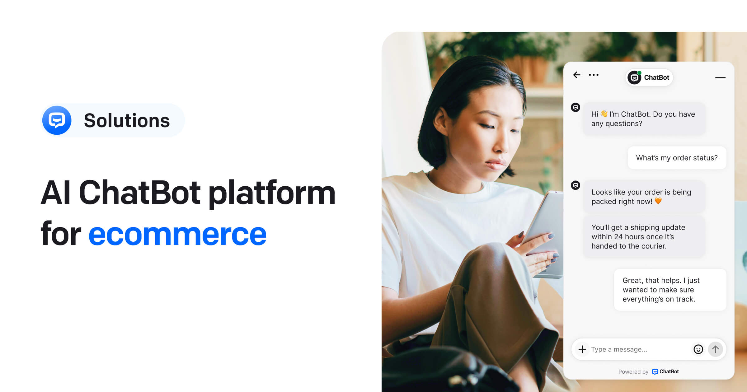Chatbotcom's tweet card. Transform your ecommerce store with AI-powered chatbots. Automate customer support, boost conversions, and deliver instant responses 24/7 with Text AI.