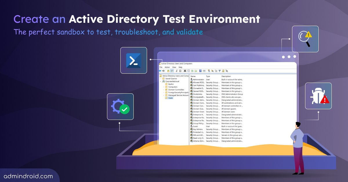 AdmiinDroid's tweet card. Learn how to create an Active Directory test environment to safely test policies, scripts, and settings before deployment in production.