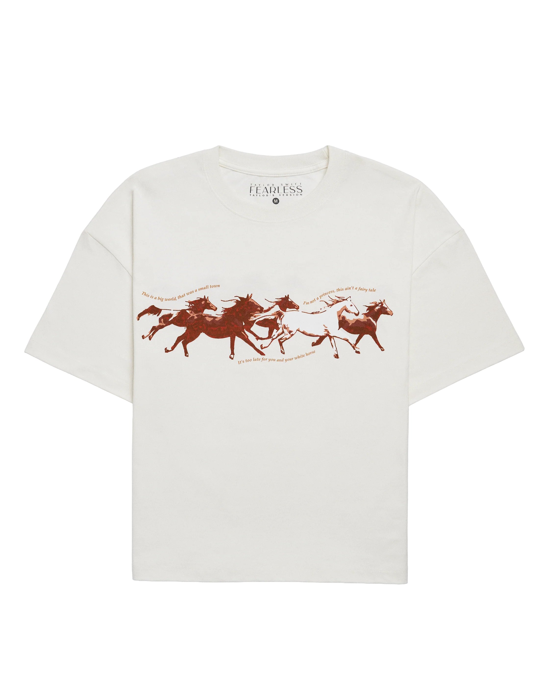 swiftpitch_uk's tweet card. Ships within 10 daysCream t-shirt featuring "This is a big world, that was a small town," "it's too late for you and your white horse," and  "I'm not a princess, this ain't a fairy tale" song lyrics...