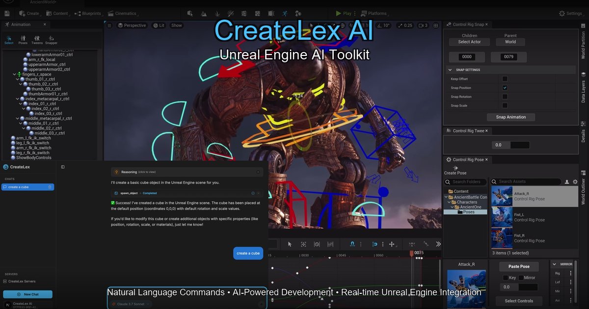 CreateLex's tweet card. MCP tools for developers: Unreal Engine plugin, VS Code extension, cloud MCP server. Transform your development workflow with Model Context Protocol integration.
