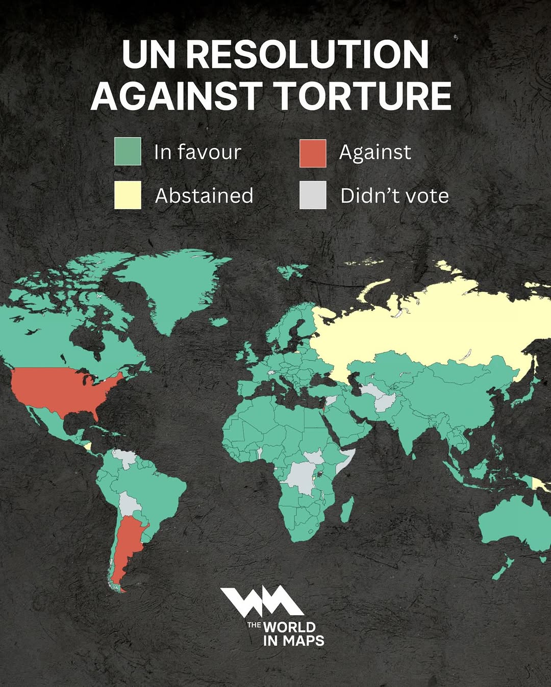 AlomarFrancesc's tweet card. The map shows the result of the UN's November 20th, 2025 vote on "the tri-annual resolution on torture and other cruel, inhuman or degrading treatment or punishment was adopted by a vote of 169 votes...
