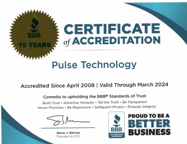 jimfarrellpr's tweet card. Pulse Technology is celebrating 15 years of Better Business Bureau accreditation for its transparency, trustworthiness, and integrity.