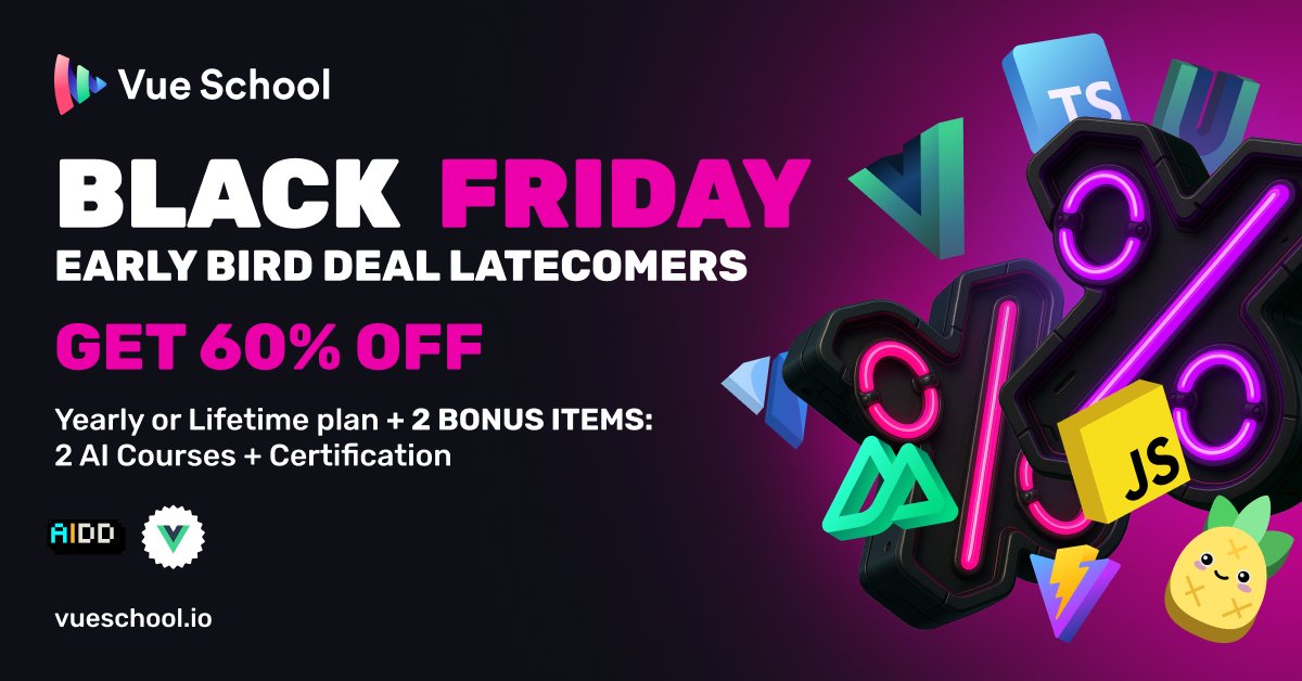 VueSchool_io's tweet card. Get in on the biggest price drop ever at Vue School! Access over 1,500 premium video lessons on a yearly plan + grab free BONUSES.