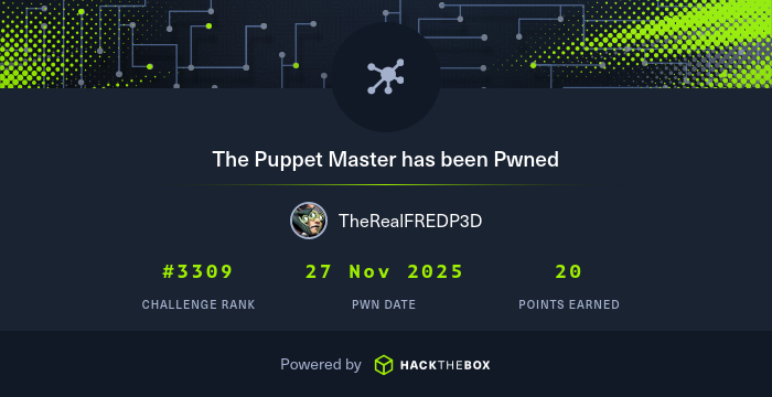 TheRealFREDP3D's tweet card. I have just owned challenge The Puppet Master from Hack The Box