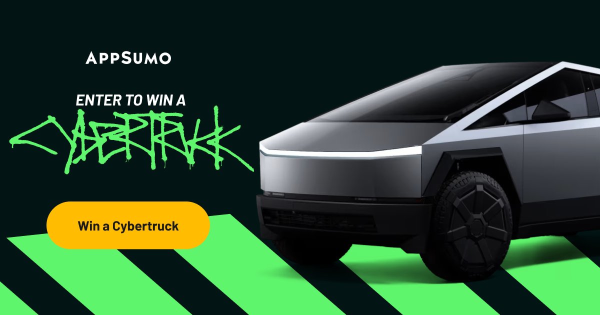 DiviBlog's tweet card. AppSumo is giving away a Tesla Cybertruck to celebrate Sumo Day—our biggest sale of the season. Unlock awesome lifetime deals on software starting June 9, 2024 (4 pm CT) and enter to win here.