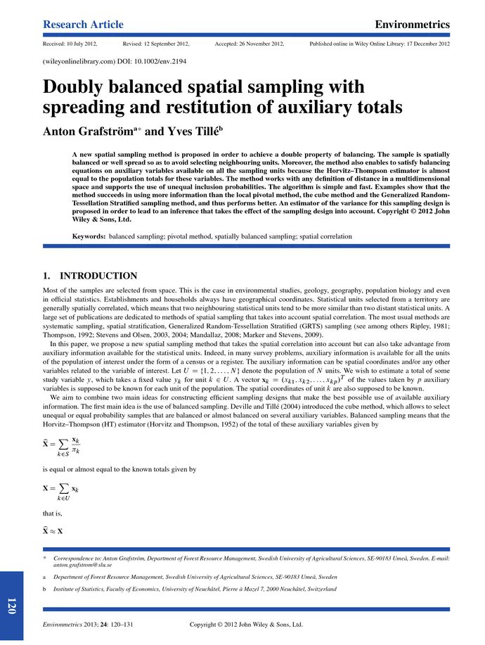DocsDel's tweet card. A new spatial sampling method is proposed in order to achieve a double property of balancing. The sample is spatially balanced or well spread so as...