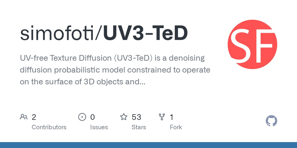 tolga_birdal's tweet card. UV-free Texture Diffusion (UV3-TeD) is a denoising diffusion probabilistic model constrained to operate on the surface of 3D objects and capable of generating textures as coloured point-clouds. - s...