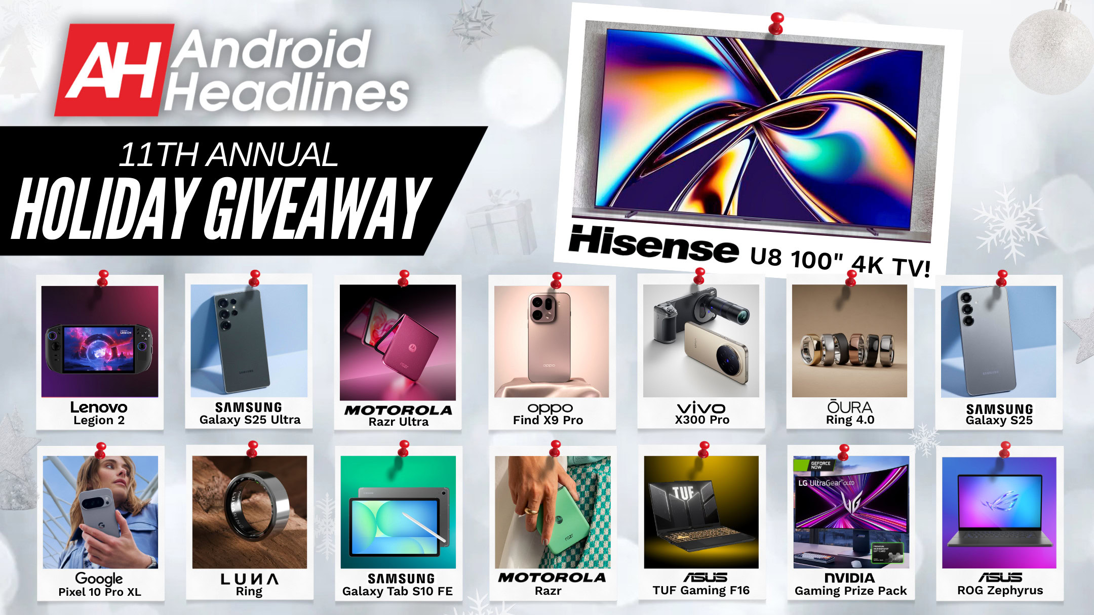 Androidheadline's tweet card. Win a 100" 4K TV, smartphones, laptops, gaming handhelds, wearables & more — over $20,000 in tech prizes. Enter the biggest holiday tech giveaway free!