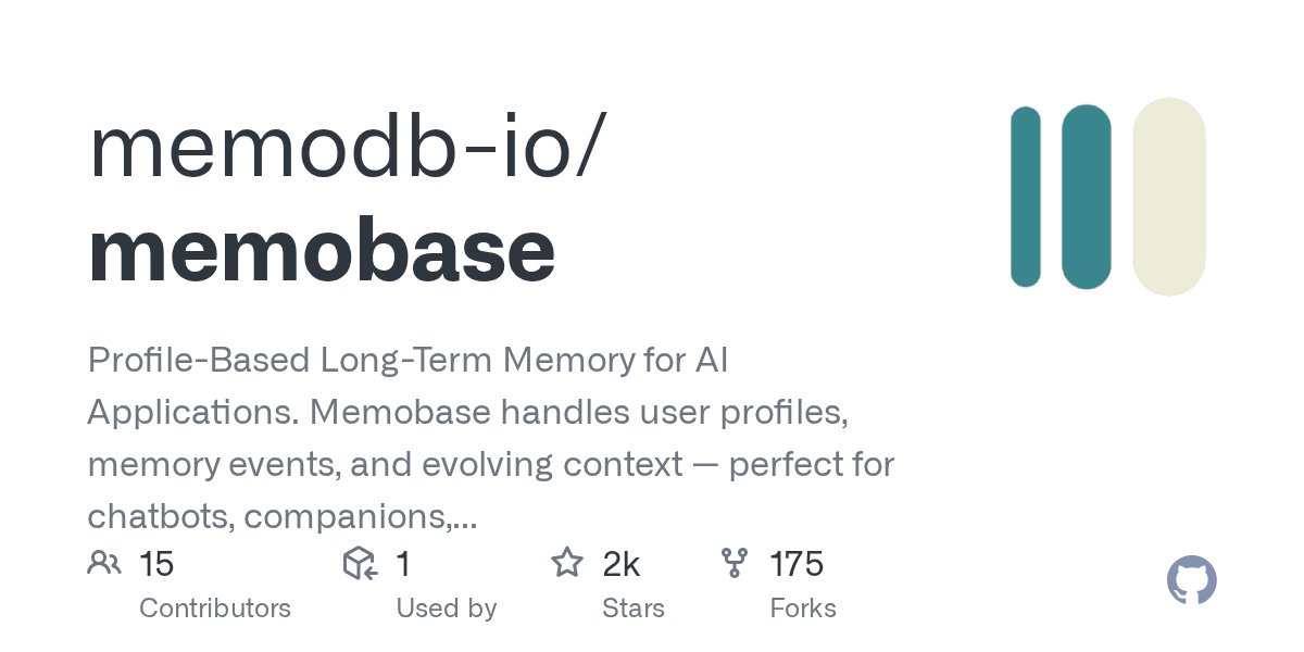 tuturetom's tweet card. Profile-Based Long-Term Memory for AI Applications. Memobase handles user profiles, memory events, and evolving context — perfect for chatbots, companions, tutors, customer service bots, and all c...