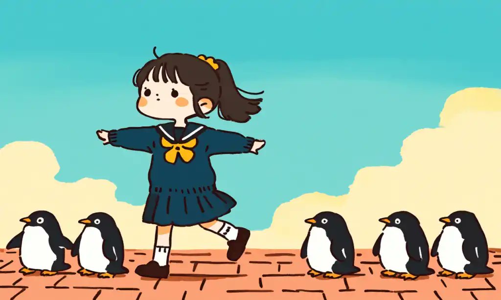 PonyStripe's tweet card. 'Penguin stroll' by PonyPonyPudding features tags like 1girl, ponytail, comic, sailor, doodle, penguin, anime_style, stroll, brick_floor, A cute chibi-style girl with a ponytail and large expressive...