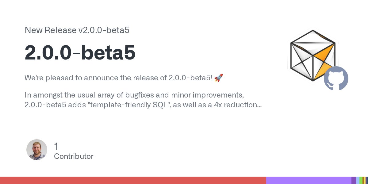 xtdb_com's tweet card. We're pleased to announce the release of 2.0.0-beta5! 🚀 In amongst the usual array of bugfixes and minor improvements, 2.0.0-beta5 adds "template-friendly SQL", as well as a 4x reduct...
