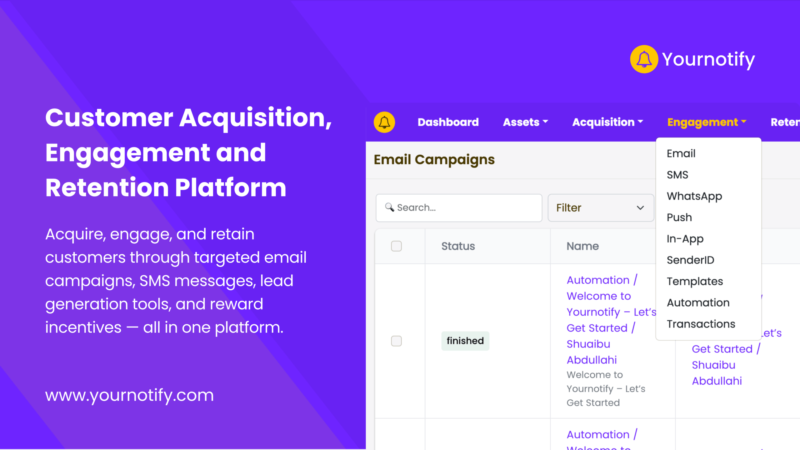 yournotify's tweet card. Marketing platform to acquire, engage, and retain customers through email campaigns, whatsapp marketing, SMS messages, lead generation and reward incentives