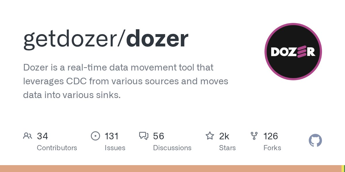StalwartCoder's tweet card. Dozer is a real-time data movement tool that leverages CDC from various sources and moves data into various sinks. - GitHub - getdozer/dozer: Dozer is a real-time data movement tool that leverages...