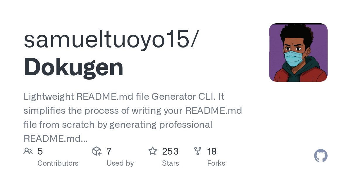 TuoyoS26091's tweet card. Lightweight README.md file Generator CLI. It simplifies the process of writing your README.md file from scratch by generating professional README.md files for your projects, saving you time. The i...