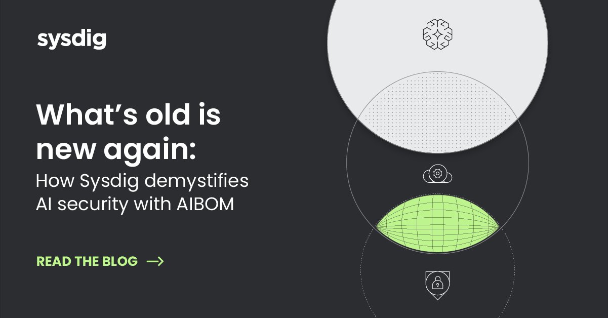 sysdig's tweet card. Discover how an AI bill of materials (AIBOM) brings clarity and accountability to AI systems by mapping every component—from GPUs and containers to datasets and APIs. Learn the risks inside your AI...