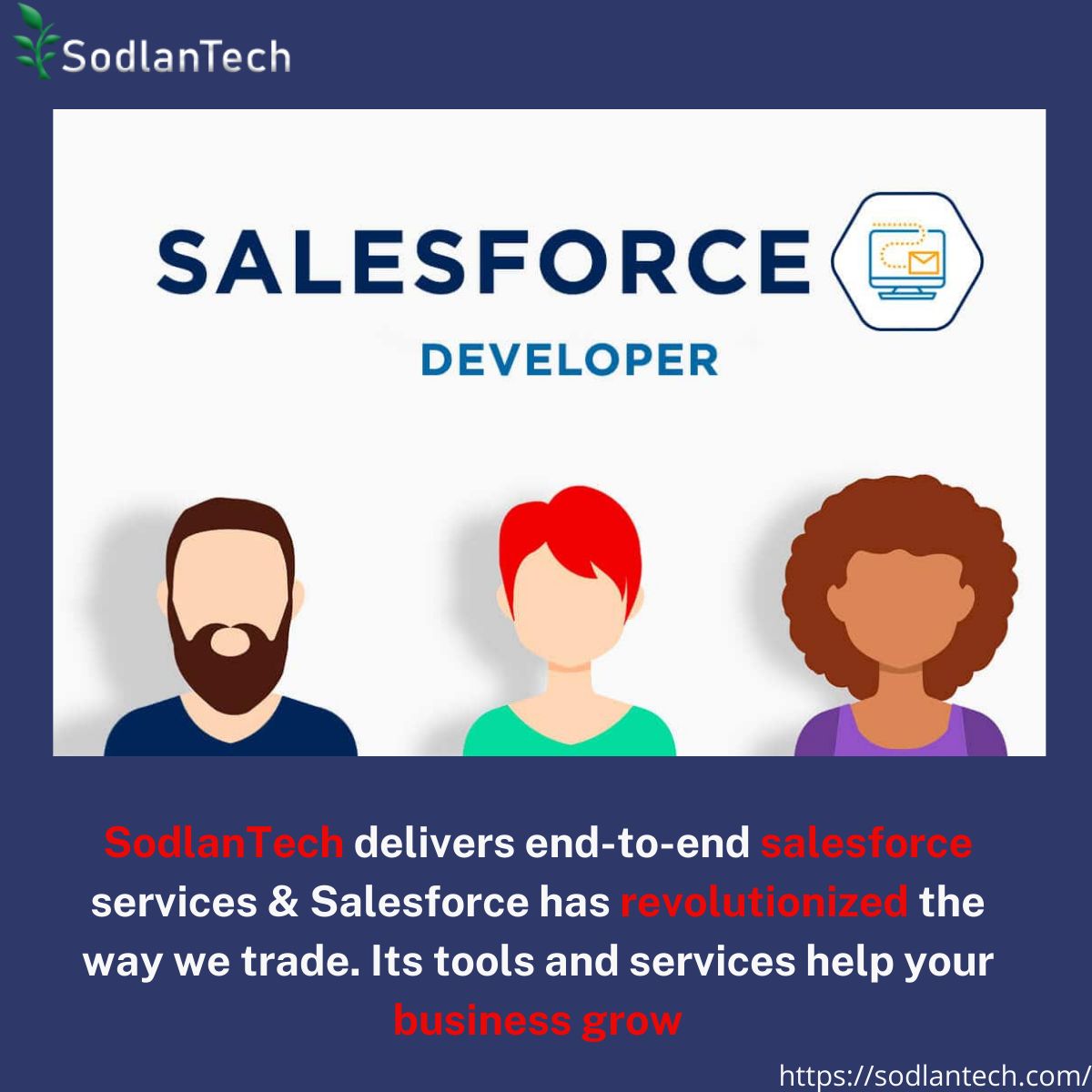 SodlanTech's tweet card. Our salesforce developers help employees, vendors, and customers come together. The transparent platform helps in more efficient functioning. We are becoming the leaders in Salesforce development by...