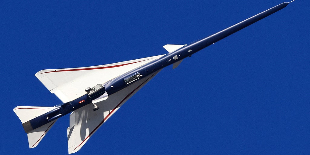 foxnewspolitics's tweet card. Lockheed Martin's revolutionary X-59 supersonic jet completes first test flight, designed to break sound barrier with quiet 'thump' instead of sonic boom.