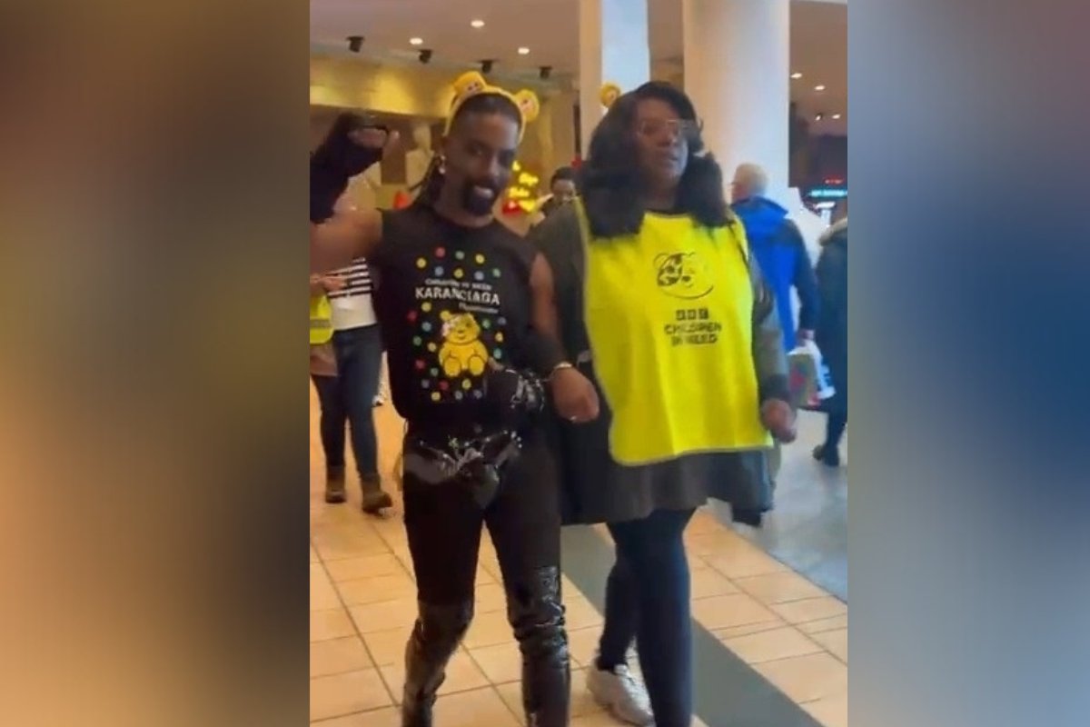 BuryTimes's tweet card. Jsky, a presenter, participated in the BBC Children in Need 1,000-mile three-legged walk challenge at the Trafford Centre in Greater Manchester