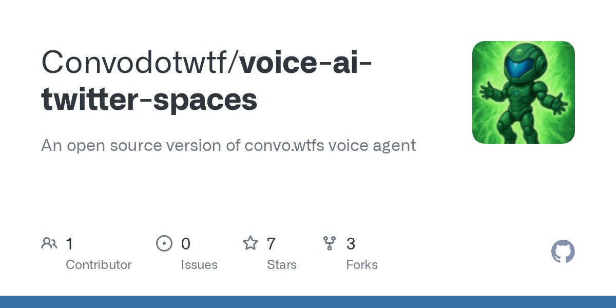 convodotwtf's tweet card. An open source version of convo.wtfs voice agent . Contribute to Convodotwtf/voice-ai-twitter-spaces development by creating an account on GitHub.