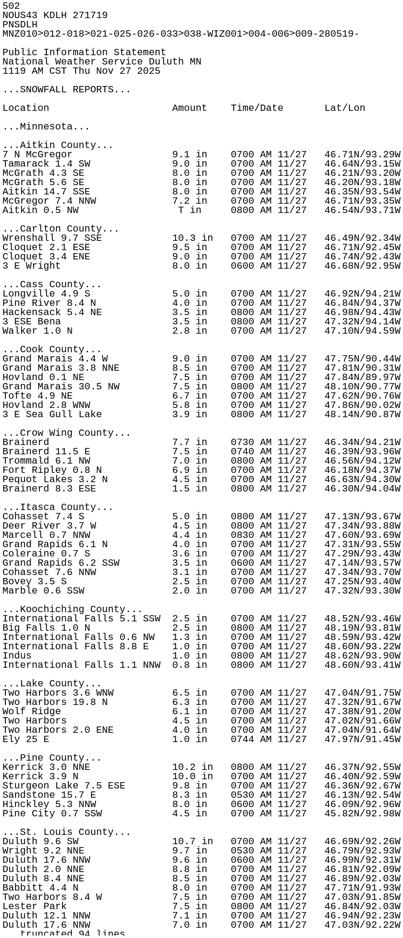 iembot_dlh's tweet card. PNS issued by NWS DLH at 27 Nov 2025 17:19 UTC