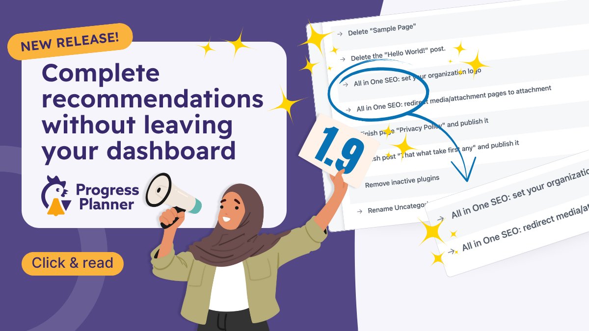 MyProgressPlan's tweet card. Progress Planner 1.9 lets you complete recommendations in Progress Planner and adds All-in-One SEO integration.