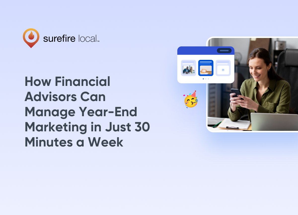 SurefireLocal's tweet card. Discover how financial advisors can save time, stay visible, and grow their business during the busy holiday season with marketing automation tools.