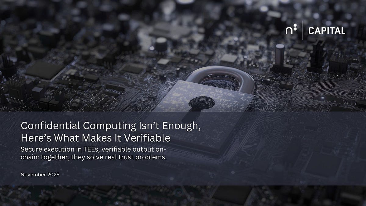 n8capital's tweet card. Secure execution in TEEs, verifiable output on-chain: together, they solve real trust problems.