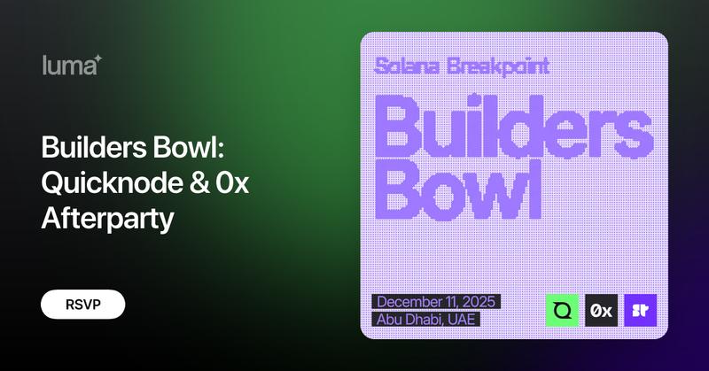 QuickNode's tweet card. Wind down Day 1 of Breakpoint with Quicknode, 0x, and Superteam UAE, just a 20-second walk from the main arena in Yas Bay. Join 100+ developers, protocol…