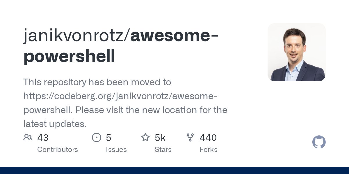 firozkhxn_'s tweet card. This repository has been moved to https://codeberg.org/janikvonrotz/awesome-powershell. Please visit the new location for the latest updates. - janikvonrotz/awesome-powershell